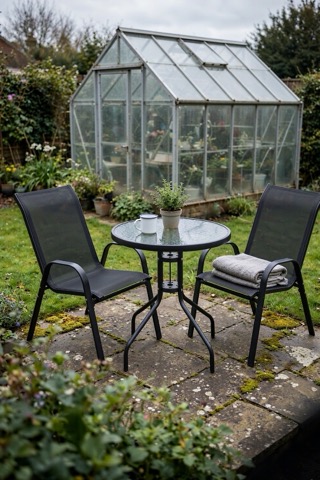 Three-piece bistro set, round glass table