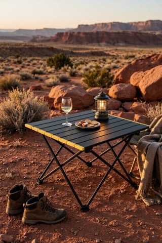 Compact folding camp table, hinged frame