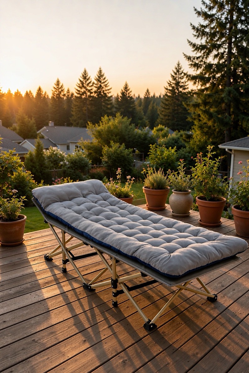 Folding camping cot with cushion