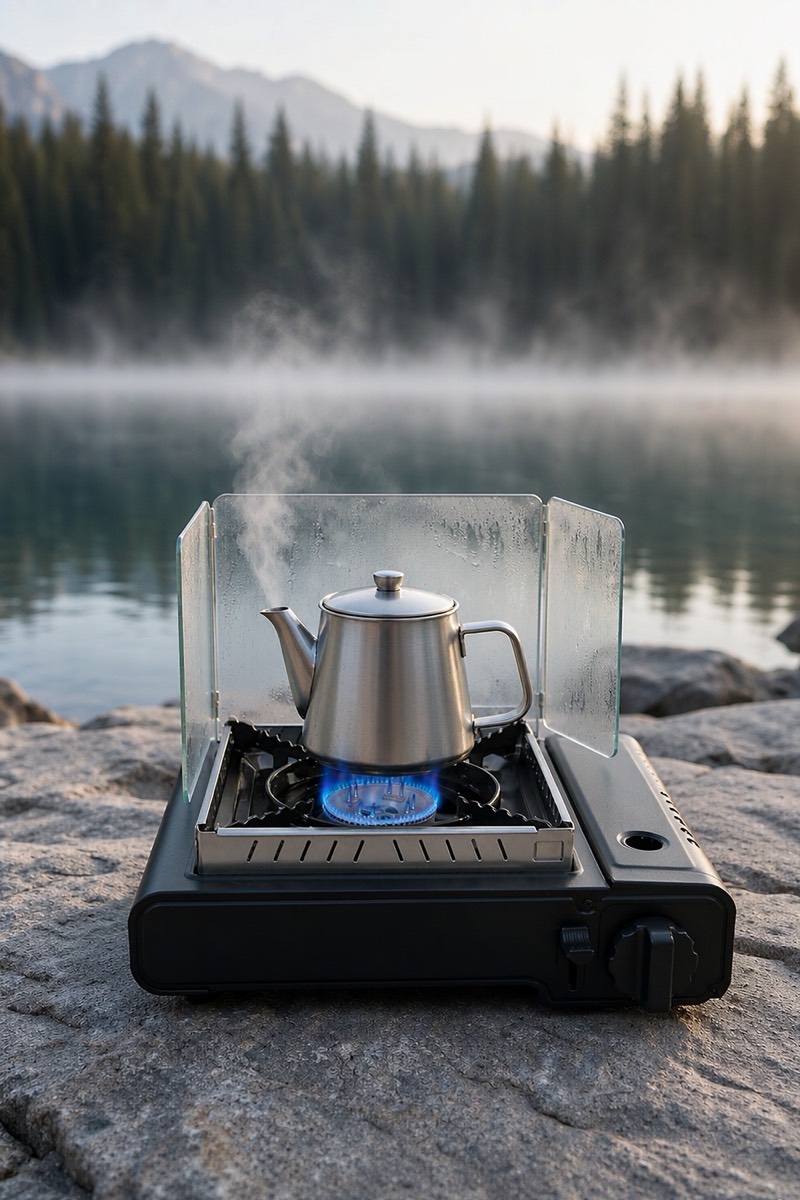 Dual-fuel stove with windblocker, 10,000 BTU
