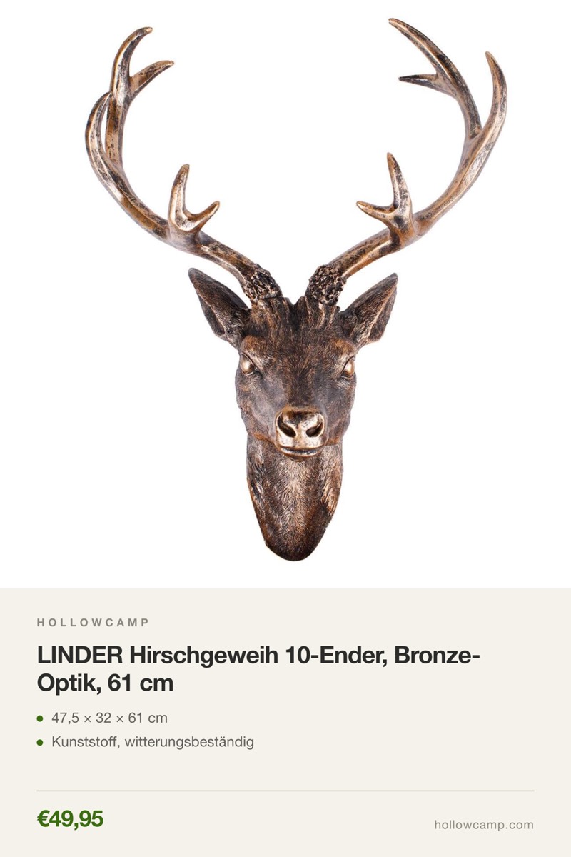 LINDER Hirschgeweih 10-Ender, Bronze-Optik, 61 cm – Tierkopf-Wandskulpturen
