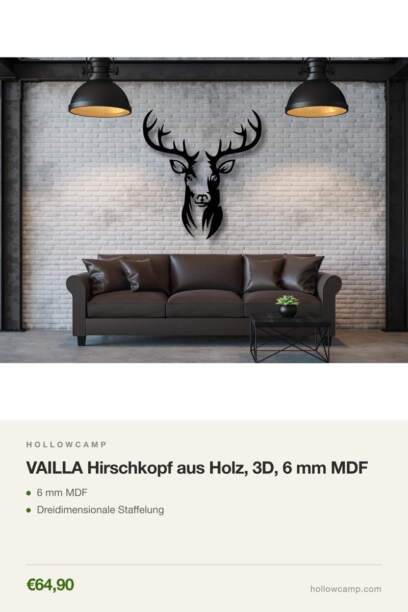 VAILLA Hirschkopf aus Holz, 3D, 6 mm MDF – Tierkopf-Wandskulpturen