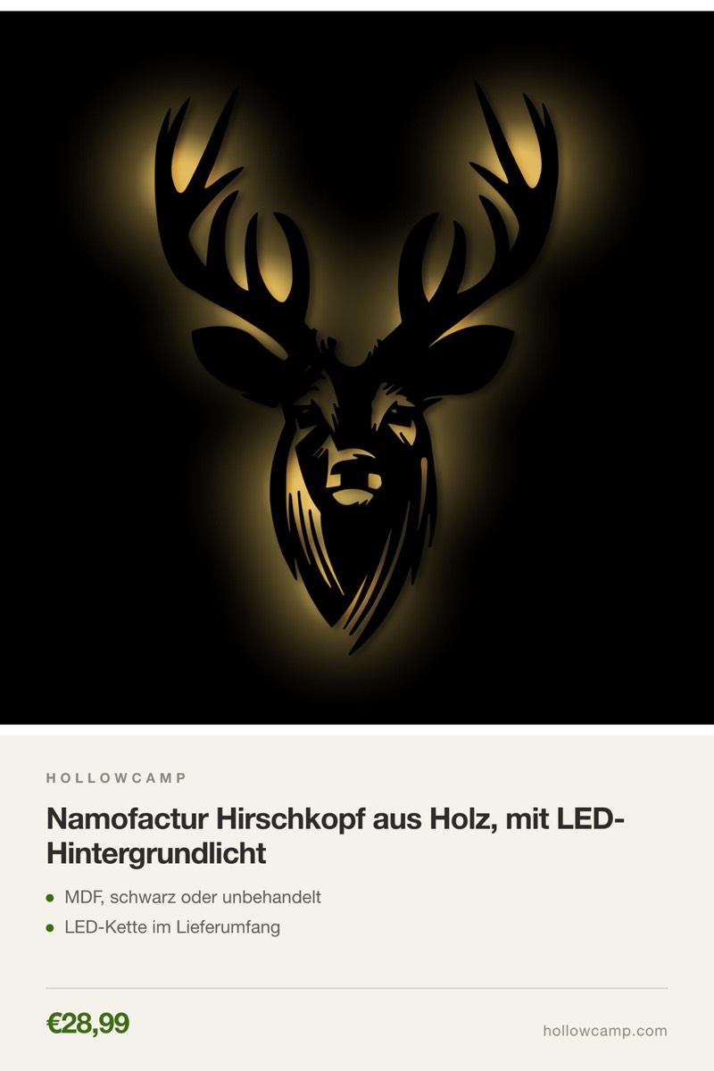 Namofactur Hirschkopf aus Holz, mit LED-Hintergrundlicht – Tierkopf-Wandskulpturen