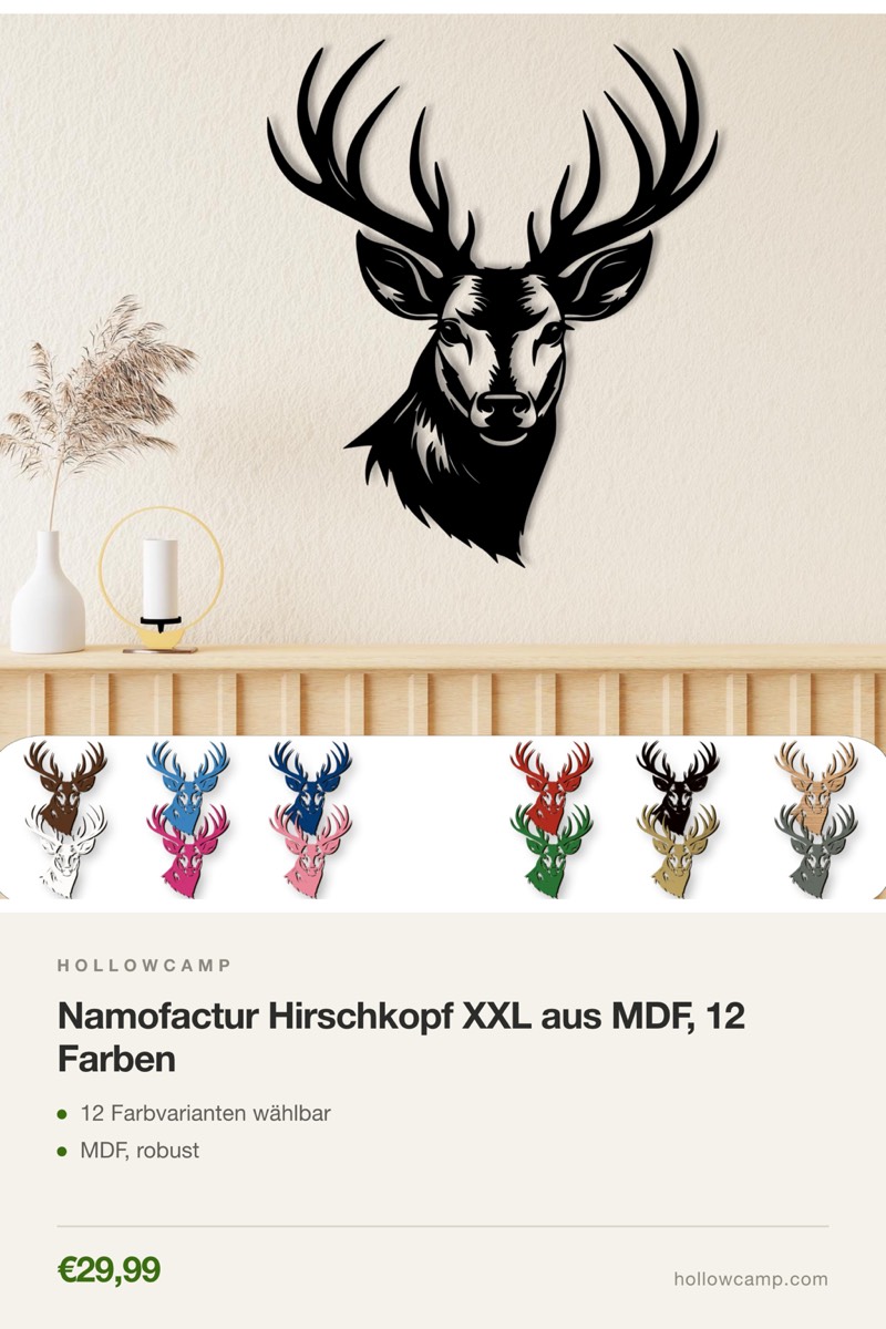 Namofactur Hirschkopf XXL aus MDF, 12 Farben – Tierkopf-Wandskulpturen