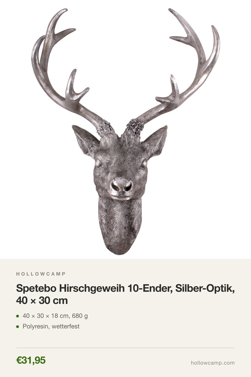Spetebo Hirschgeweih 10-Ender, Silber-Optik, 40 × 30 cm – Tierkopf-Wandskulpturen