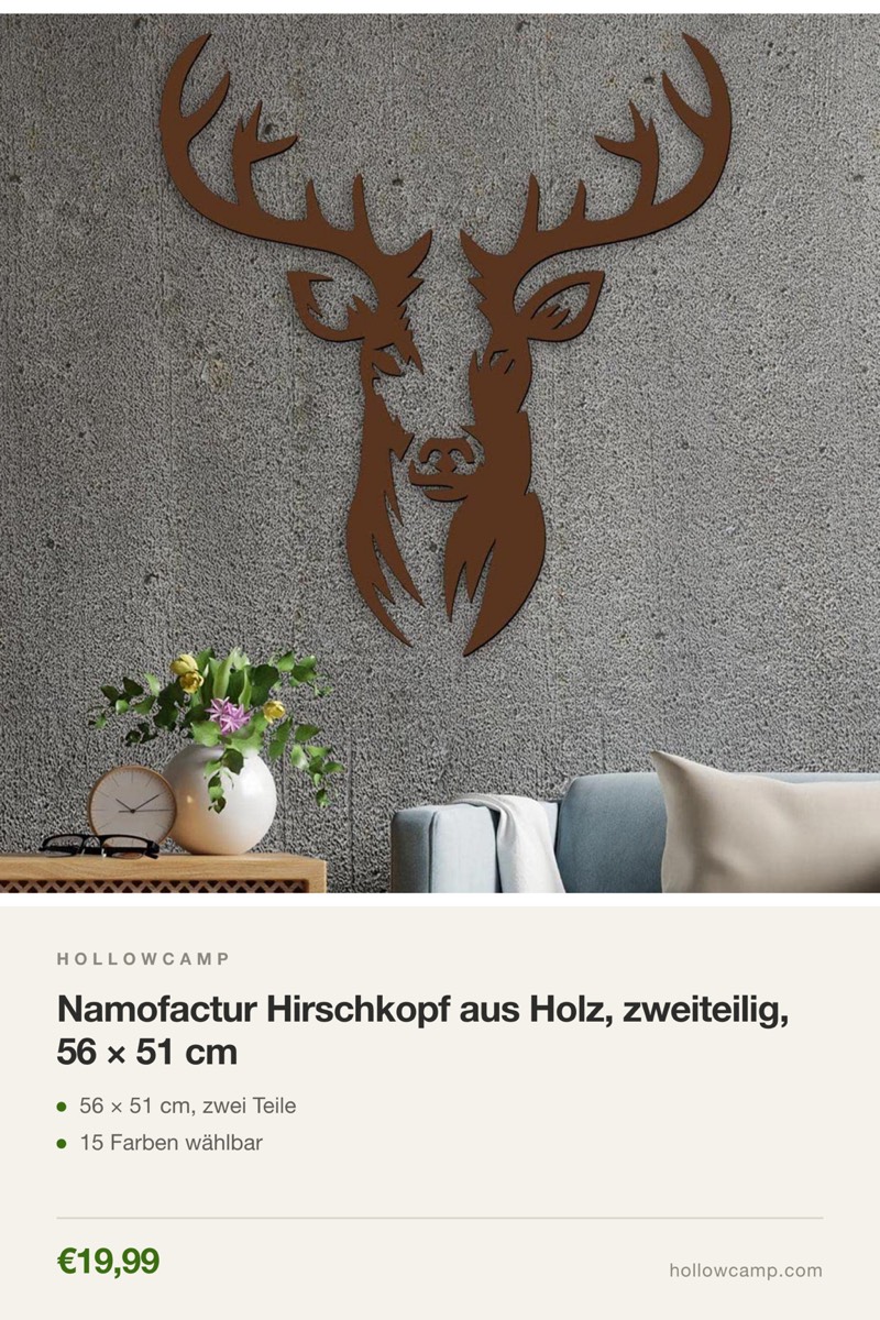 Namofactur Hirschkopf aus Holz, zweiteilig, 56 × 51 cm – Tierkopf-Wandskulpturen