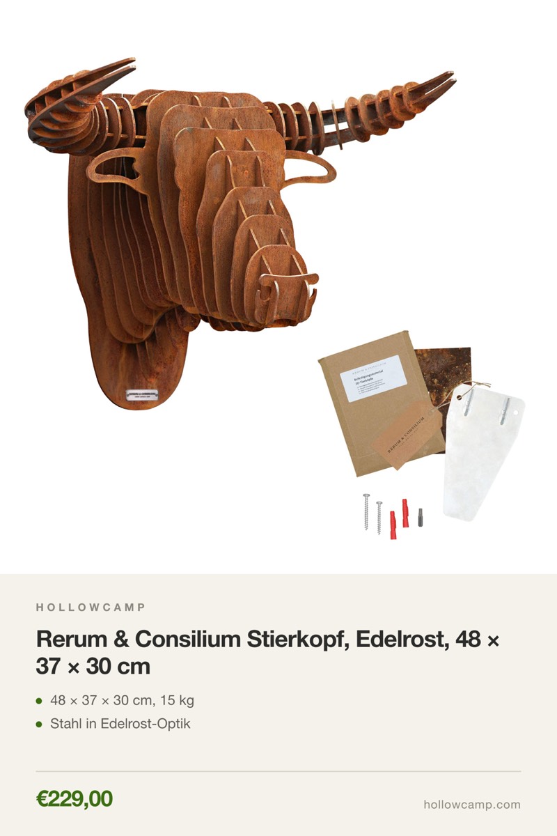 Rerum & Consilium Stierkopf, Edelrost, 48 × 37 × 30 cm – Tierkopf-Wandskulpturen