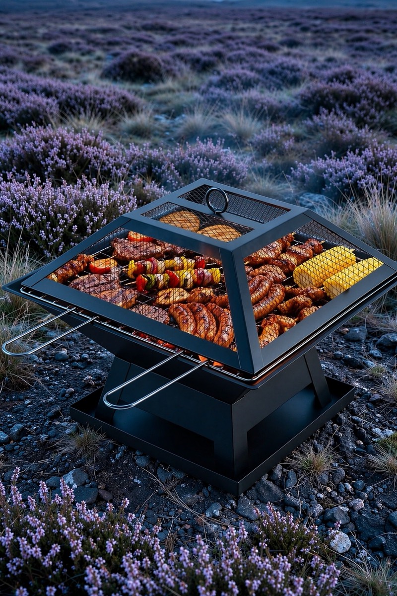 Square Fire Pit with Grill and Mesh Lid