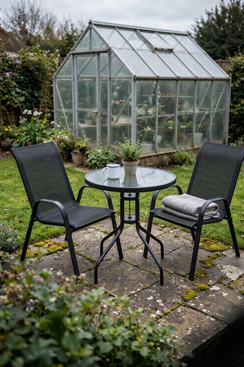 Three-piece bistro set, round glass table