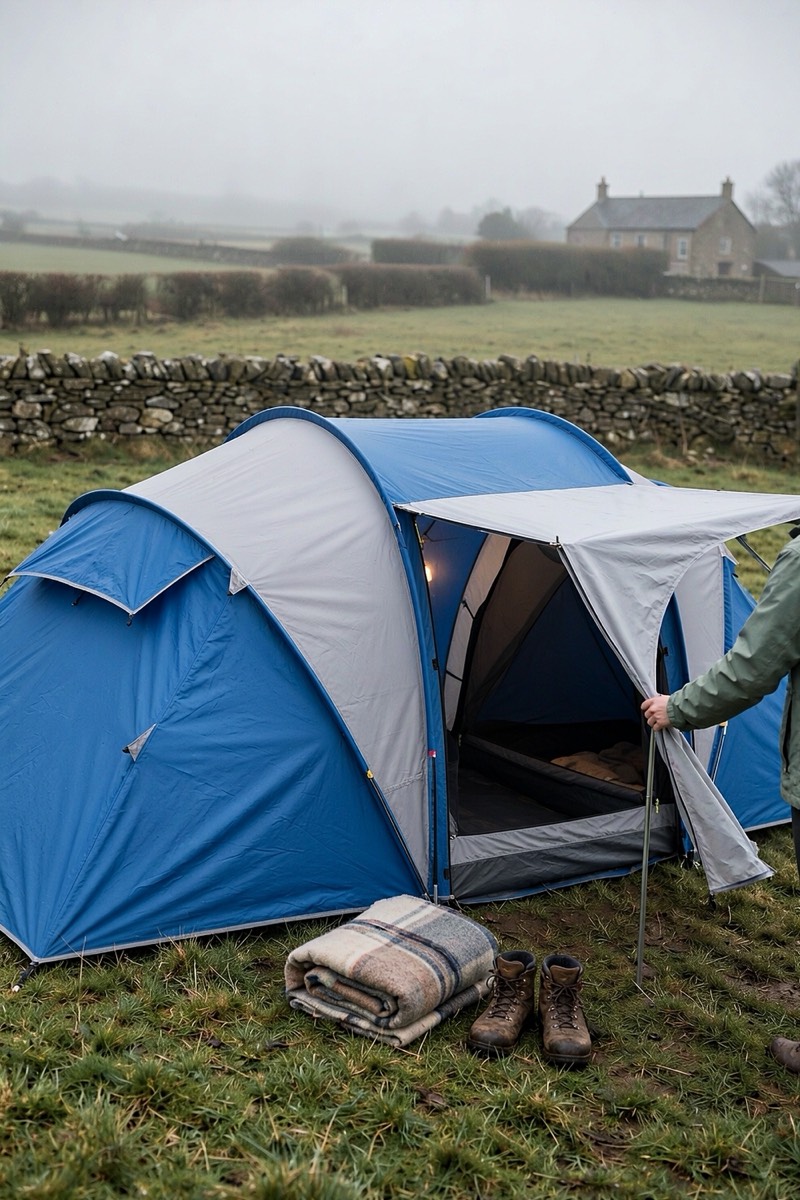 Four-person tunnel tent with living area