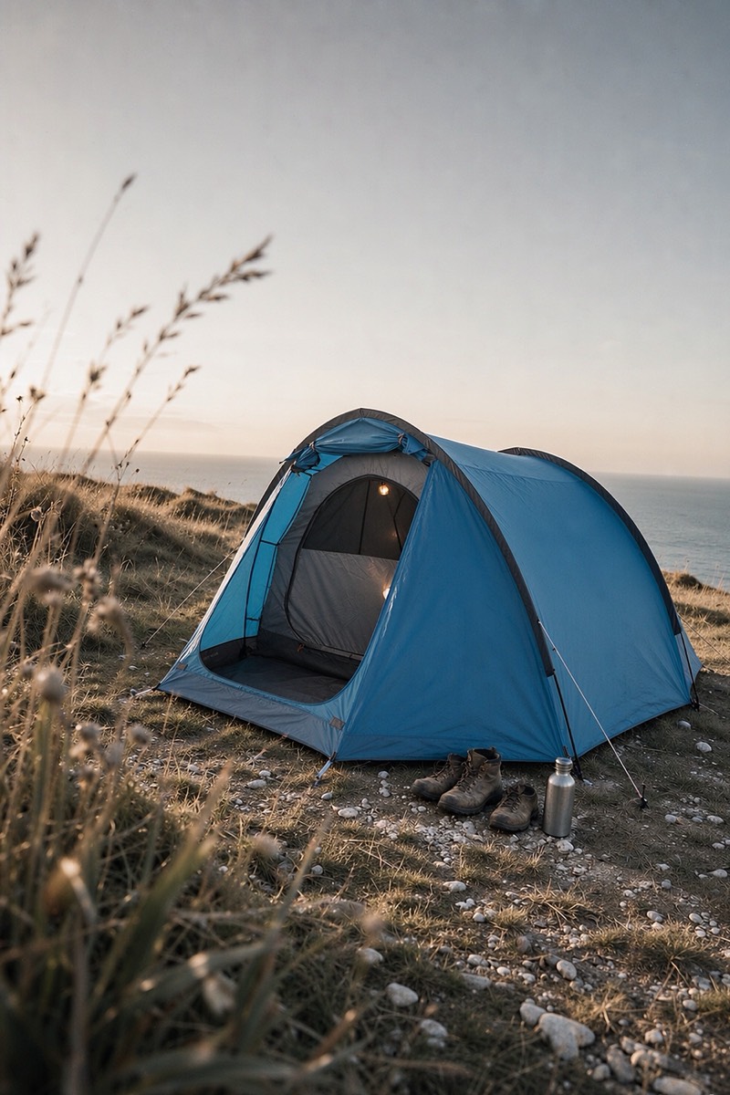Four-person tunnel tent, colour-coded poles