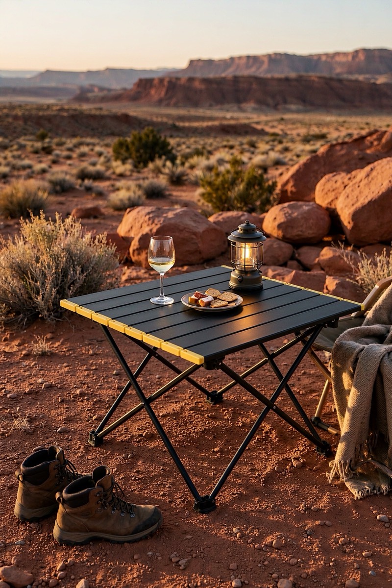 Compact folding camp table, hinged frame
